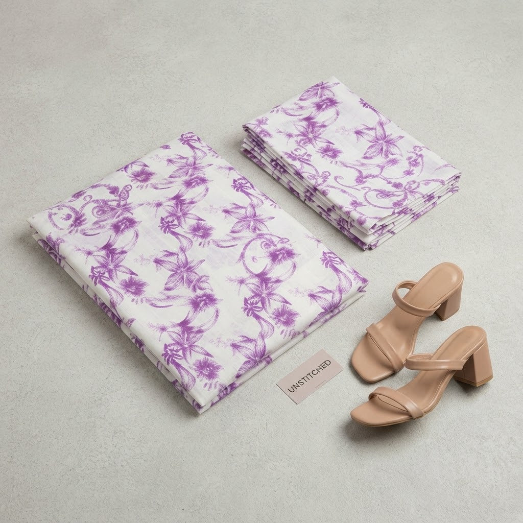 Unstitched Purple & White Floral Printed Lawn Suit – racdo.pk