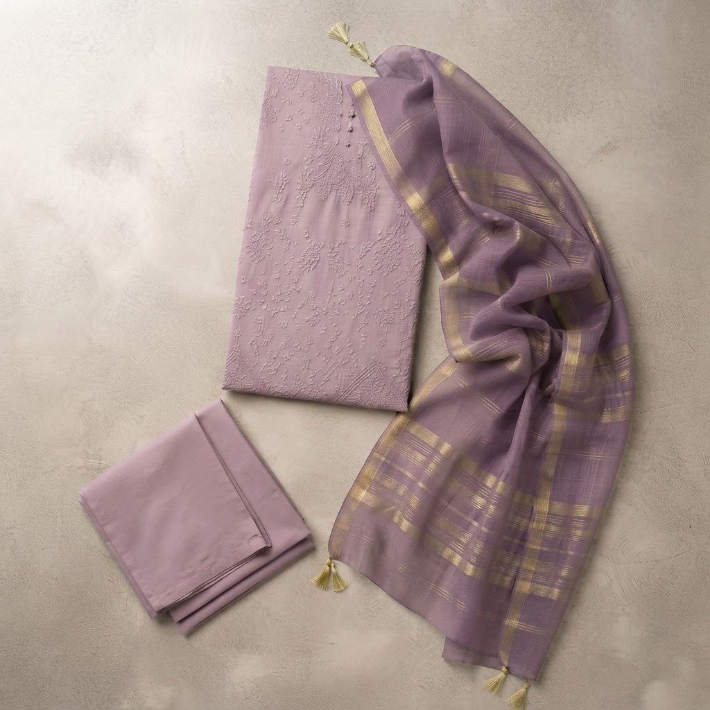 Unstitched Lavender Embroidered Cotton Suit with Gold Checkered Dupatta – racdo.pk