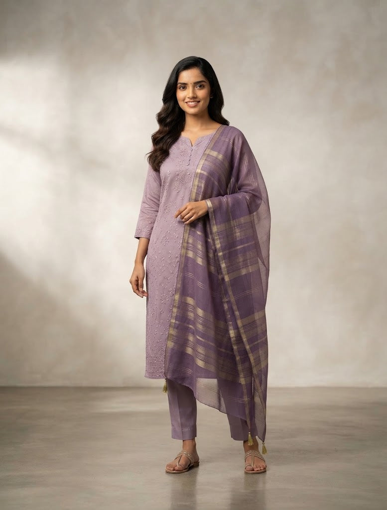 Unstitched Lavender Embroidered Cotton Suit with Gold Checkered Dupatta – racdo.pk