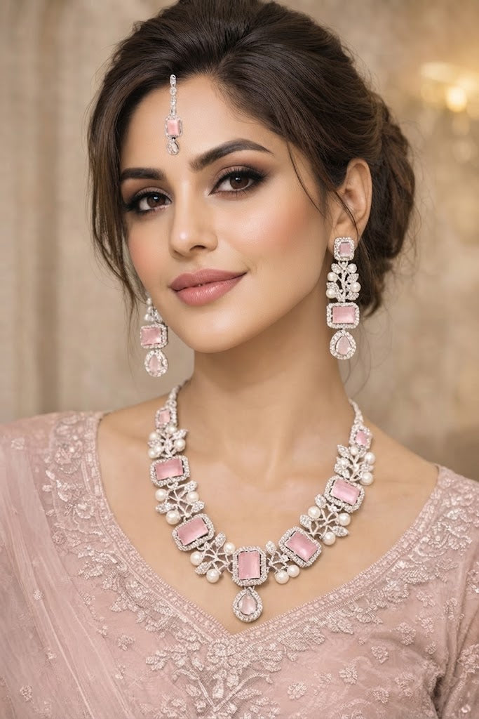 Exquisite Pink Quartz and Pearl Kundan Bridal Jewelry Set