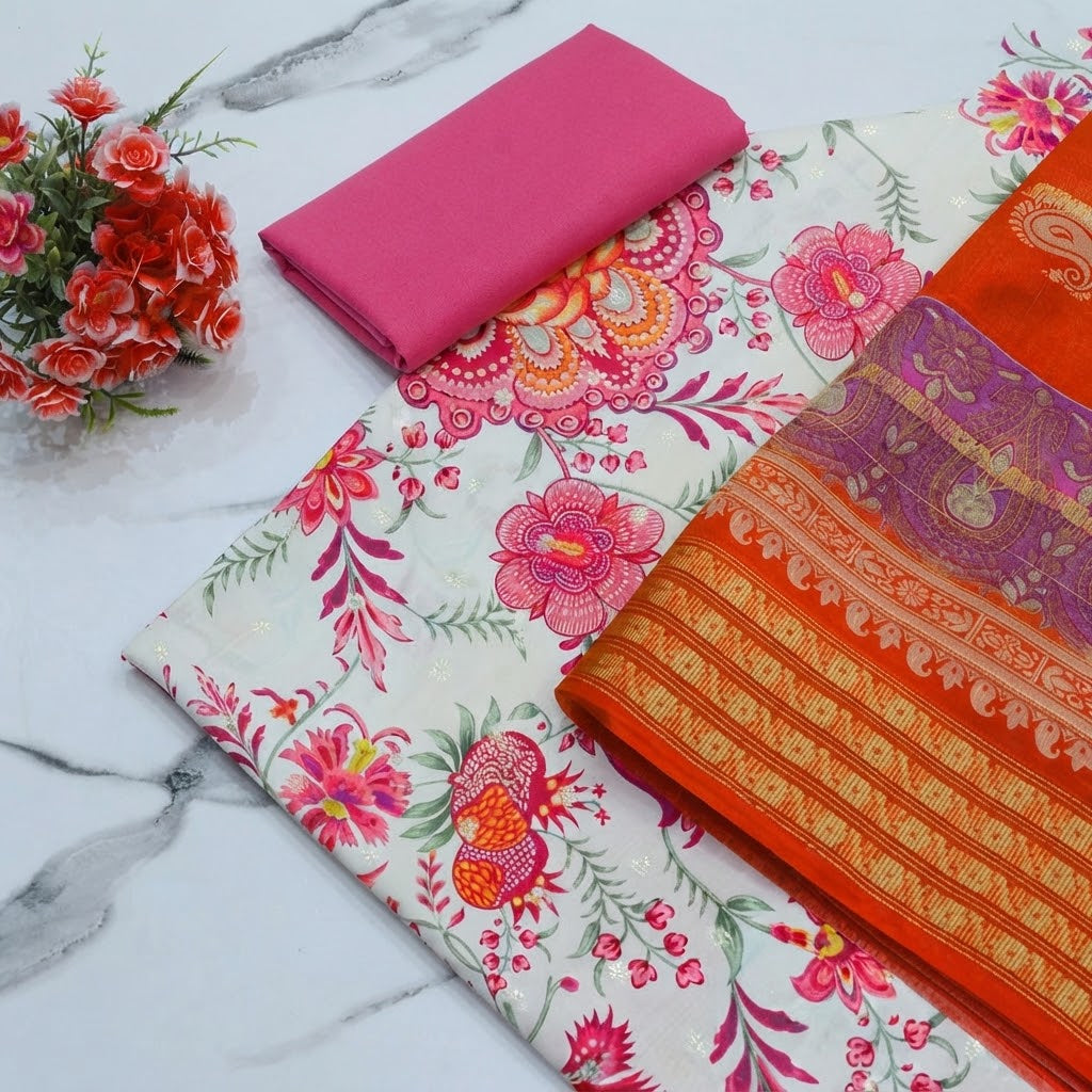 Unstitched Vibrant Floral & Orange Printed Lawn Suit Set | racdo.pk