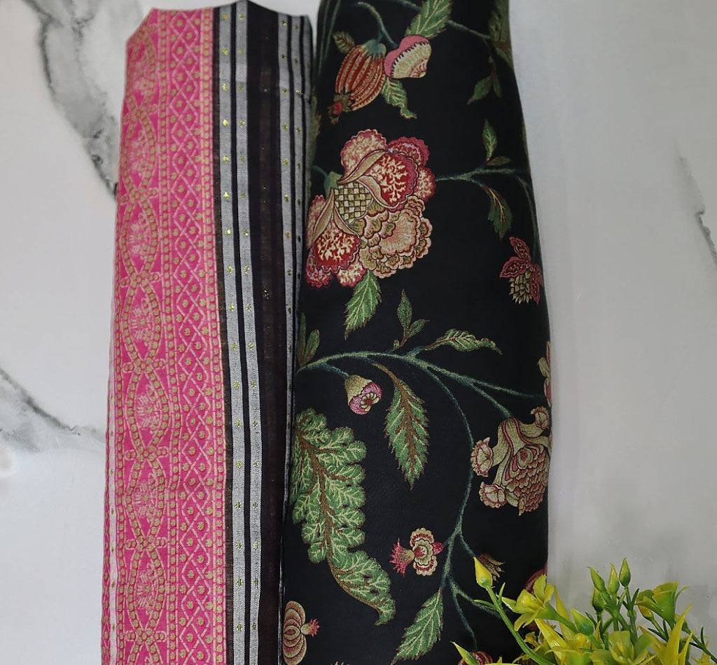 Unstitched Black Floral Printed Lawn Suit Set | racdo.pk