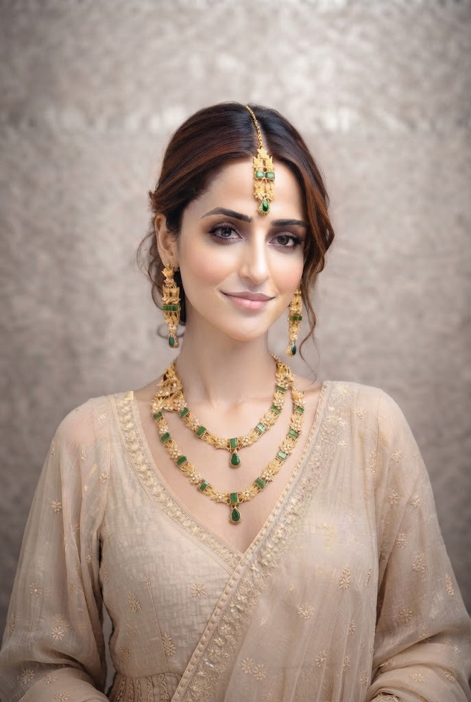 Elegant Dark Green Velvet Anarkali Suit with Gold Zardosi Work and Kundan Jewelry Featuring racdo.pk