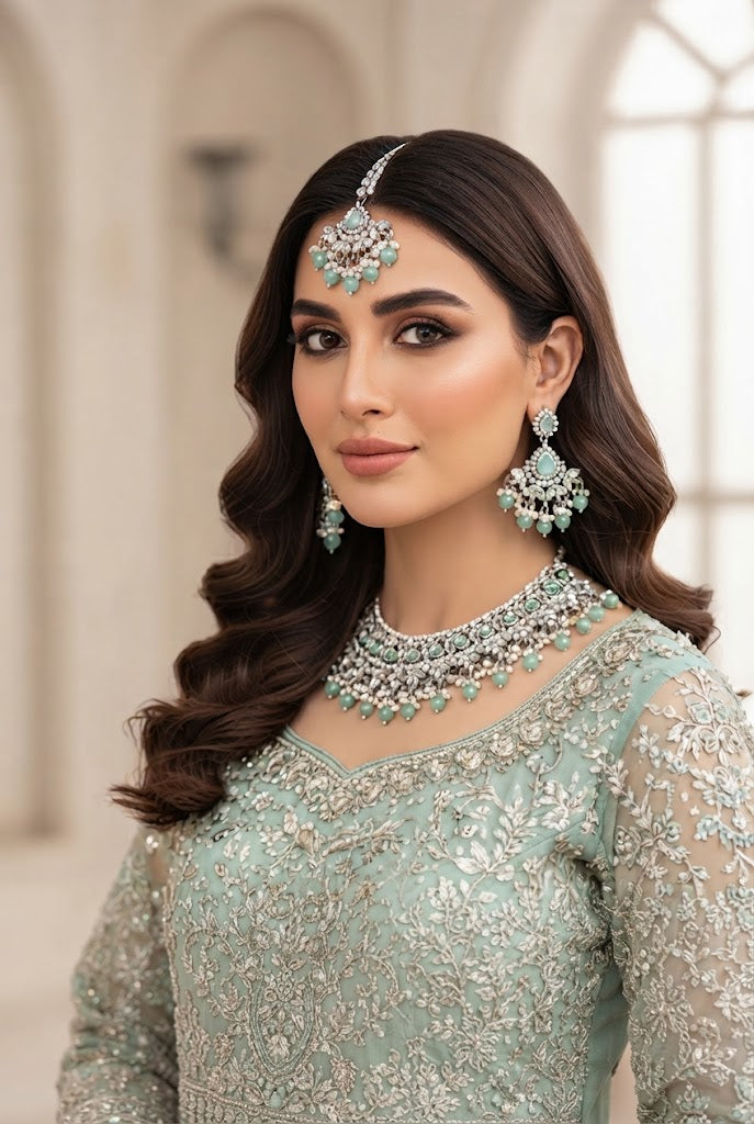 Exquisite Mint Green Bridal Choker Necklace Set with Maang Tikka