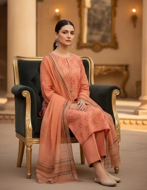 Unstitched Peach Embroidered & Printed Lawn Suit with Dupatta – racdo.pk