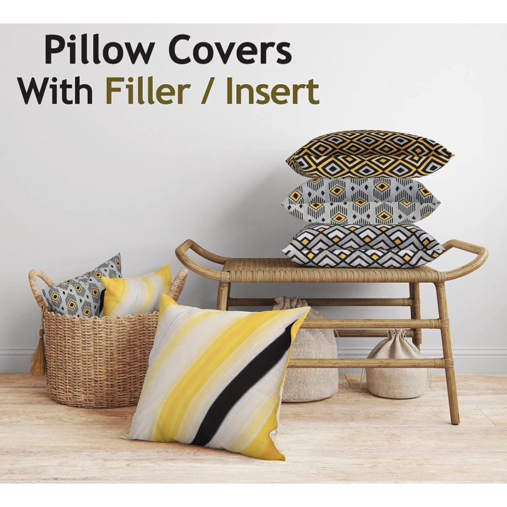 Cotton Fabric Throw Pillows, 4 Pack (16"x16") Cover & Insert, Grey and Yellow Geometric