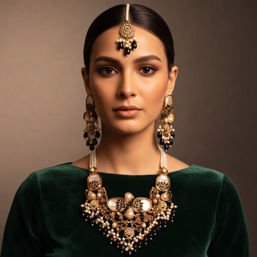 Luxurious Black & Pearl Statement Jewellery Set