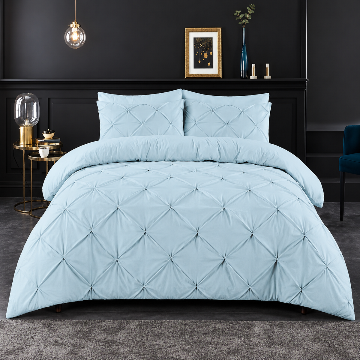 Light Blue Pin-Tucked Printed King Size Comforter Set