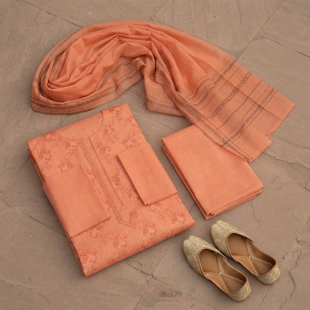 Unstitched Peach Embroidered & Printed Lawn Suit with Dupatta – racdo.pk