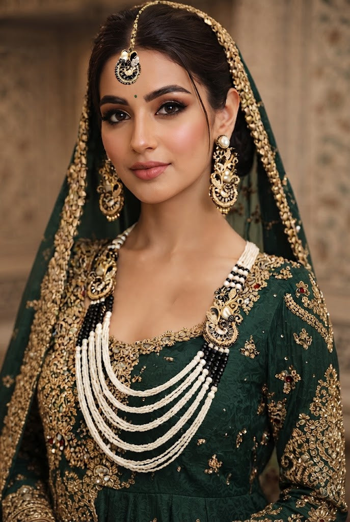 Exquisite Multi-Strand Pearl and Black Beaded Bridal Necklace Set with Matching Maang Tikka featuring racdo.pk