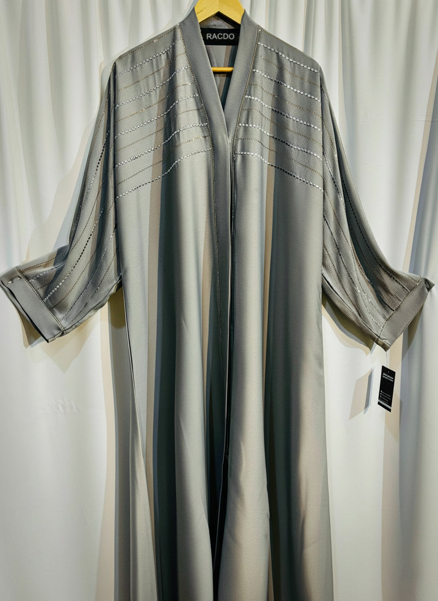 Geometric Satin Open Front Abaya with Contrast Belt – Elegant Modest Wear
