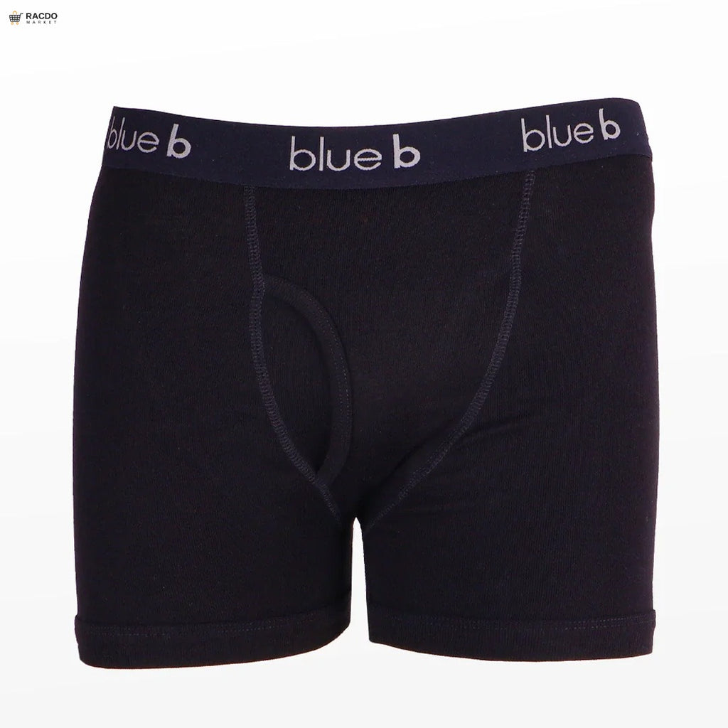 Black boxer briefs with 'blue b' waistband on a white background

