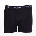 Black boxer briefs with 'blue b' waistband on a white background

