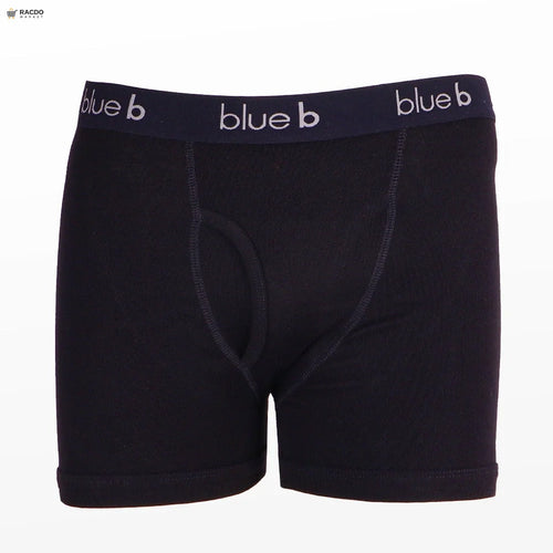 Black boxer briefs with 'blue b' waistband on a white background

