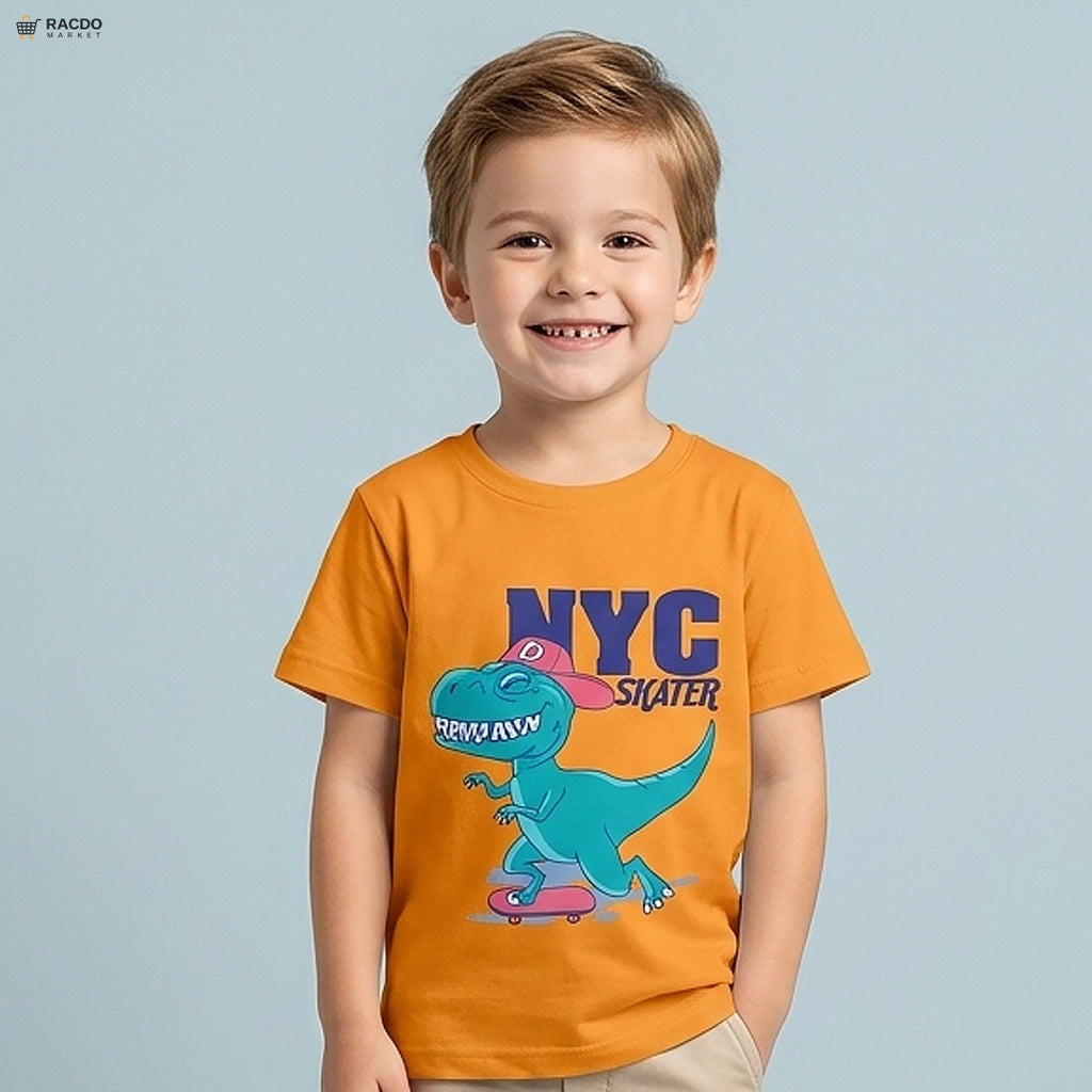 Child wearing an orange t-shirt with a dinosaur graphic and 'NYC Skater' text on a light blue background

