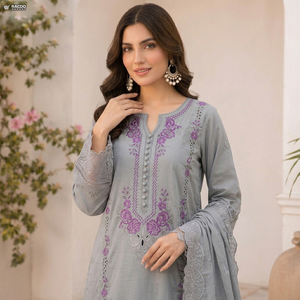 Gray Embroidered 3 Piece Suit for Women – Elegant Unstitched Pakistani Dress | RACDO Market