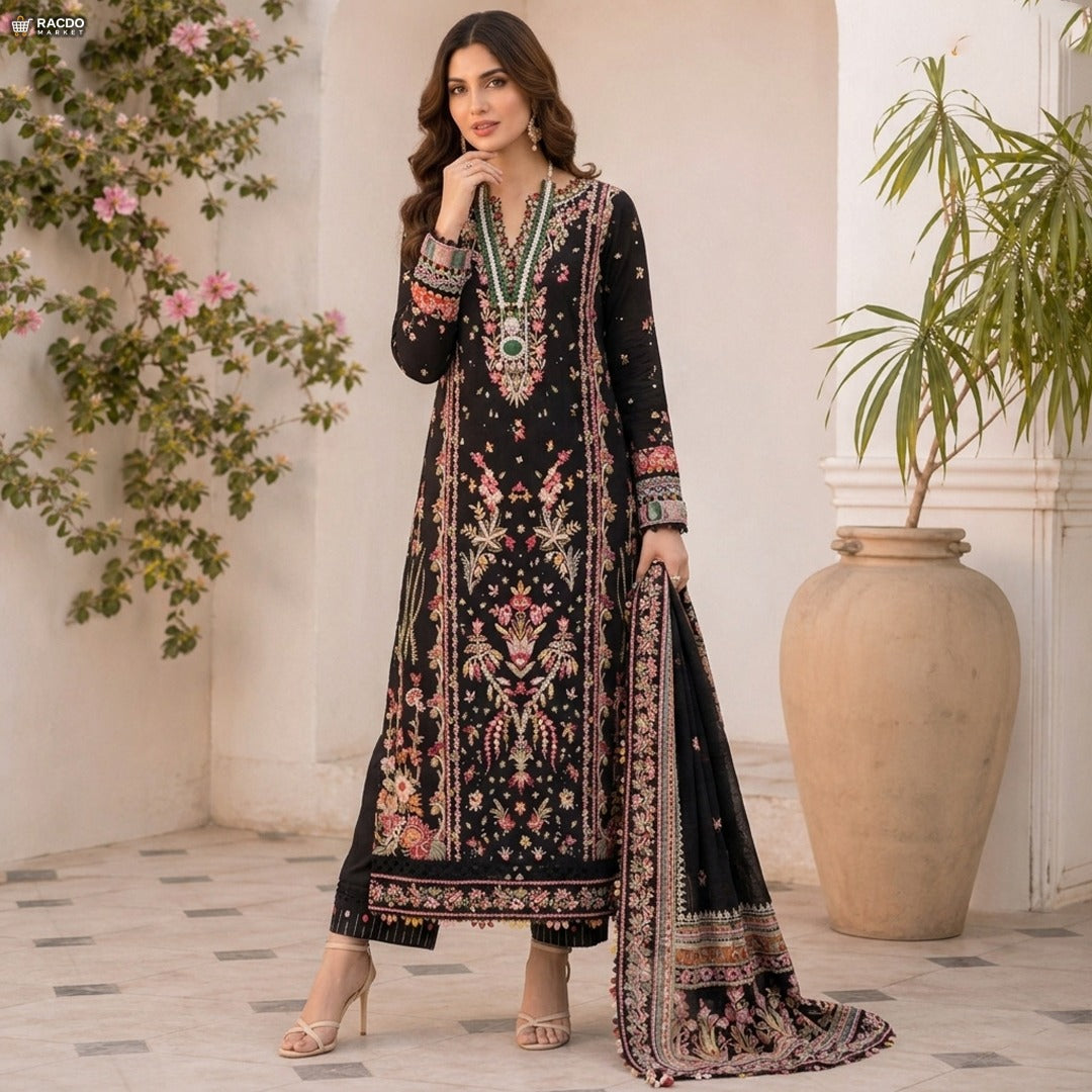سیاہ ملٹی ڈریس | خواتین کے لیے پریمیم غیر سلے ہوئے کپڑے – ریکڈو مارکیٹ پاکستان