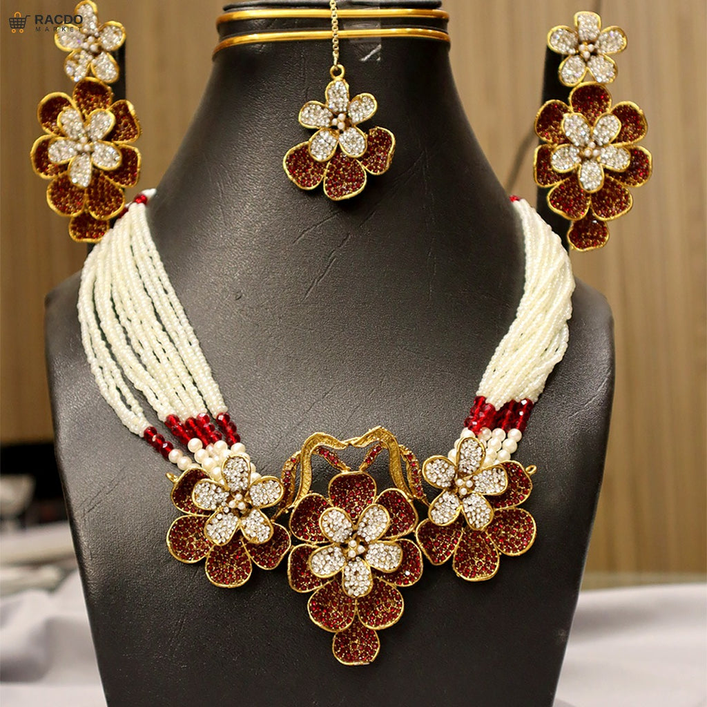 Elegant Maroon and Gold Floral Bridal Jewelry Set with Matching Maang Tikka