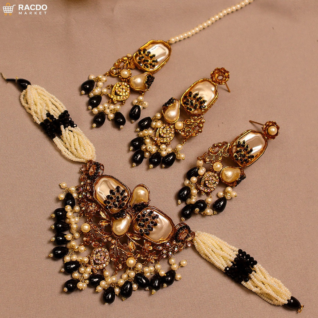 Luxurious Black & Pearl Statement Jewellery Set
