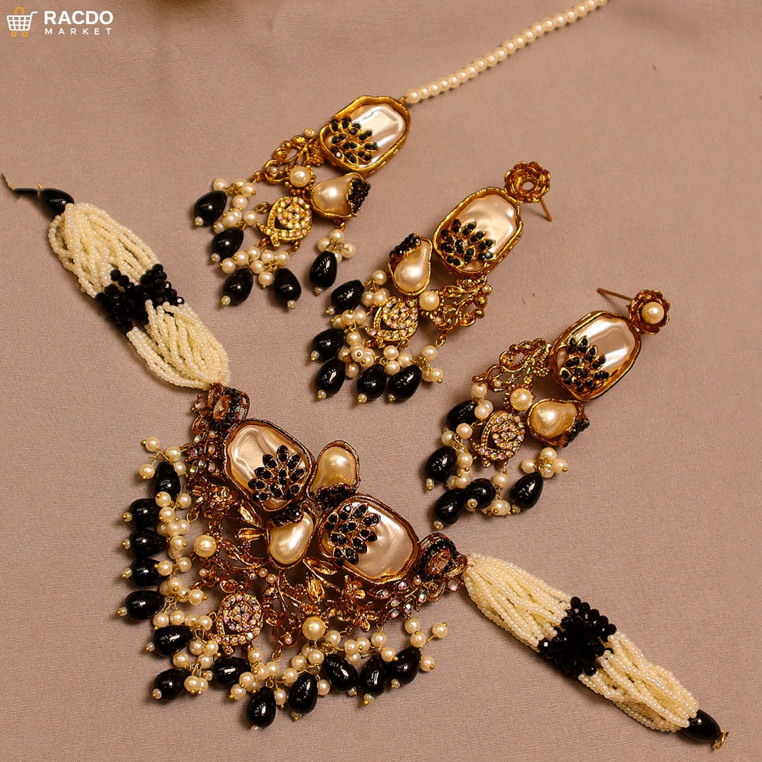 Luxurious Black & Pearl Statement Jewellery Set