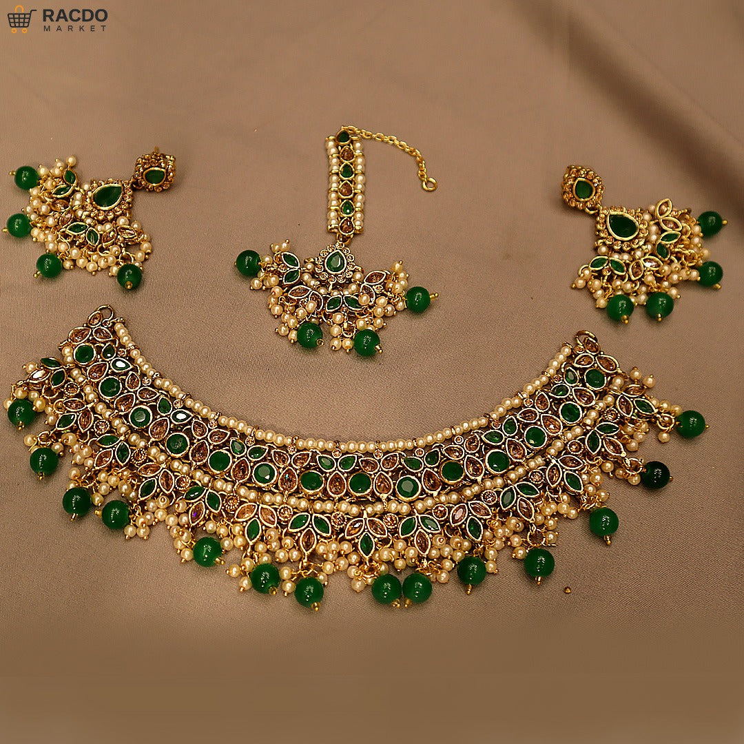 Exquisite Mint Green Bridal Choker Necklace Set with Maang Tikka