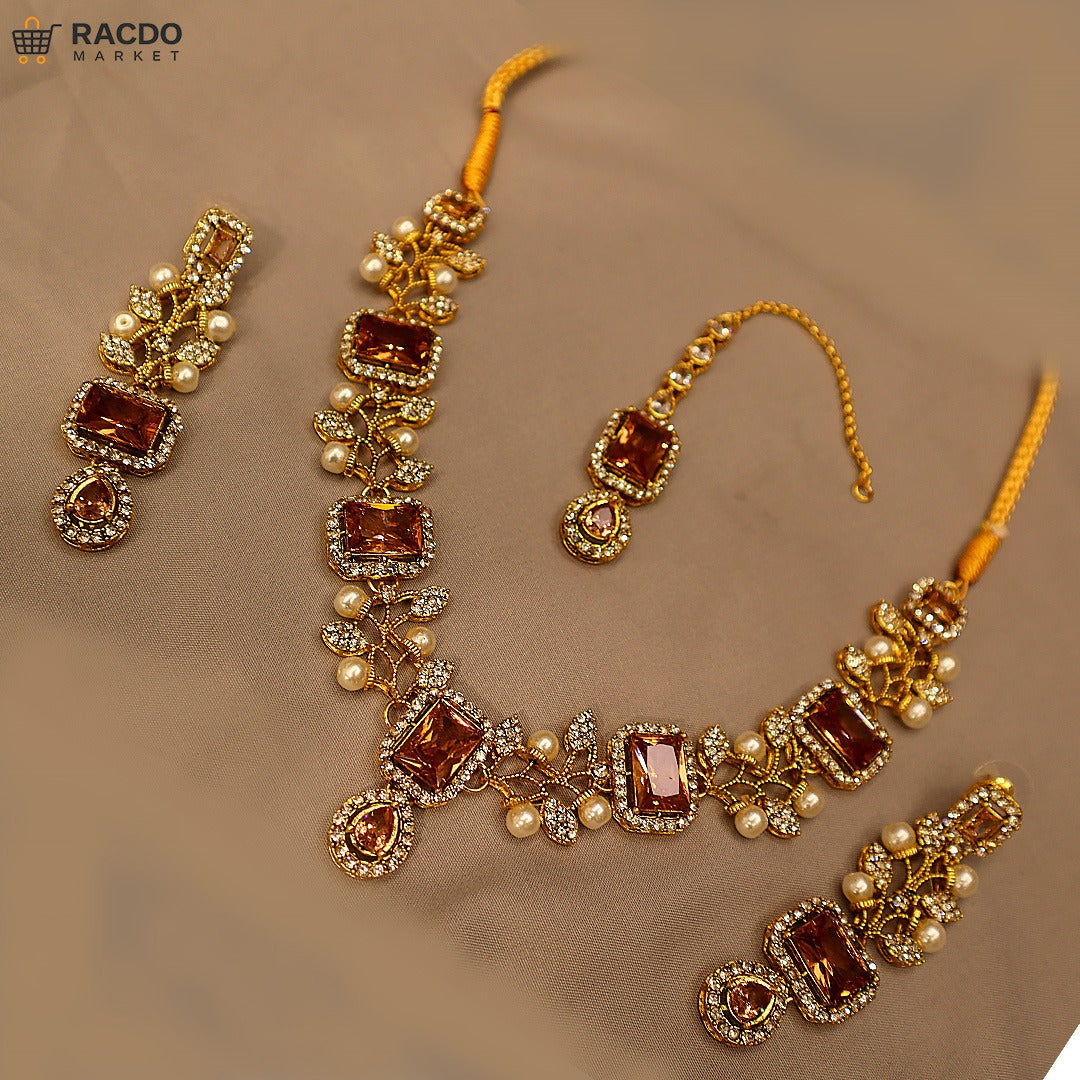 Exquisite Pink Quartz and Pearl Kundan Bridal Jewelry Set