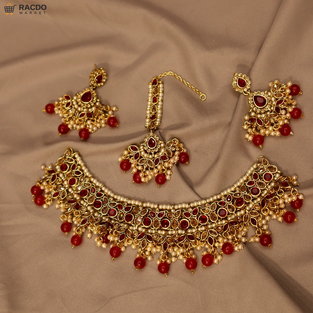 Exquisite Mint Green Bridal Choker Necklace Set with Maang Tikka