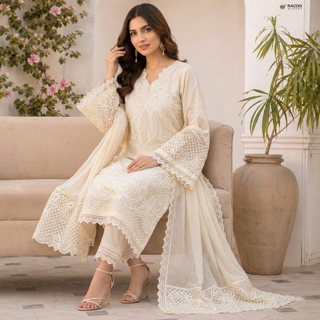Premium White Unstitched Ladies Dress Suit – Elegant Soft Fabric | RACDO Market