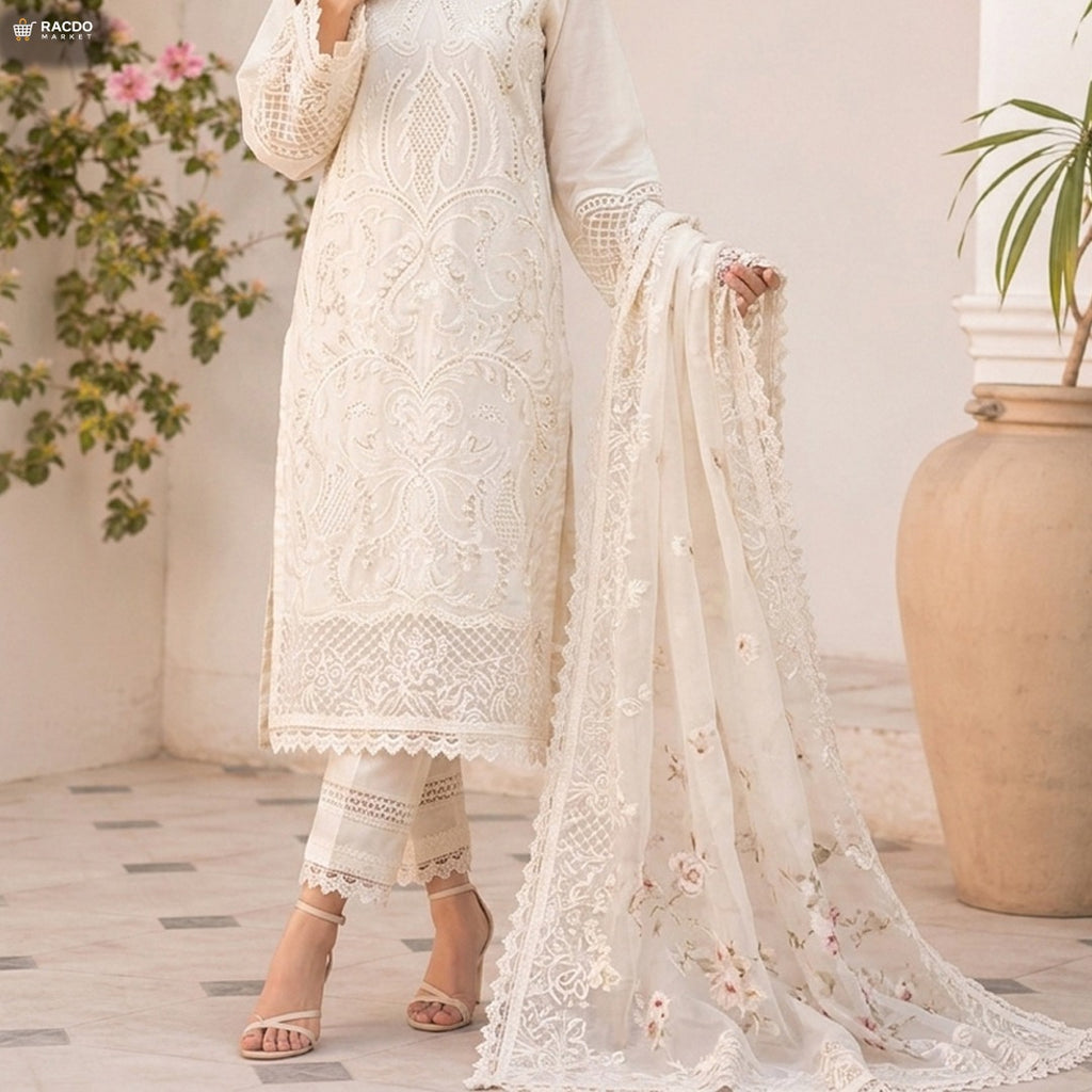 Premium White Unstitched Ladies Dress Suit – Elegant Soft Fabric | RACDO Market