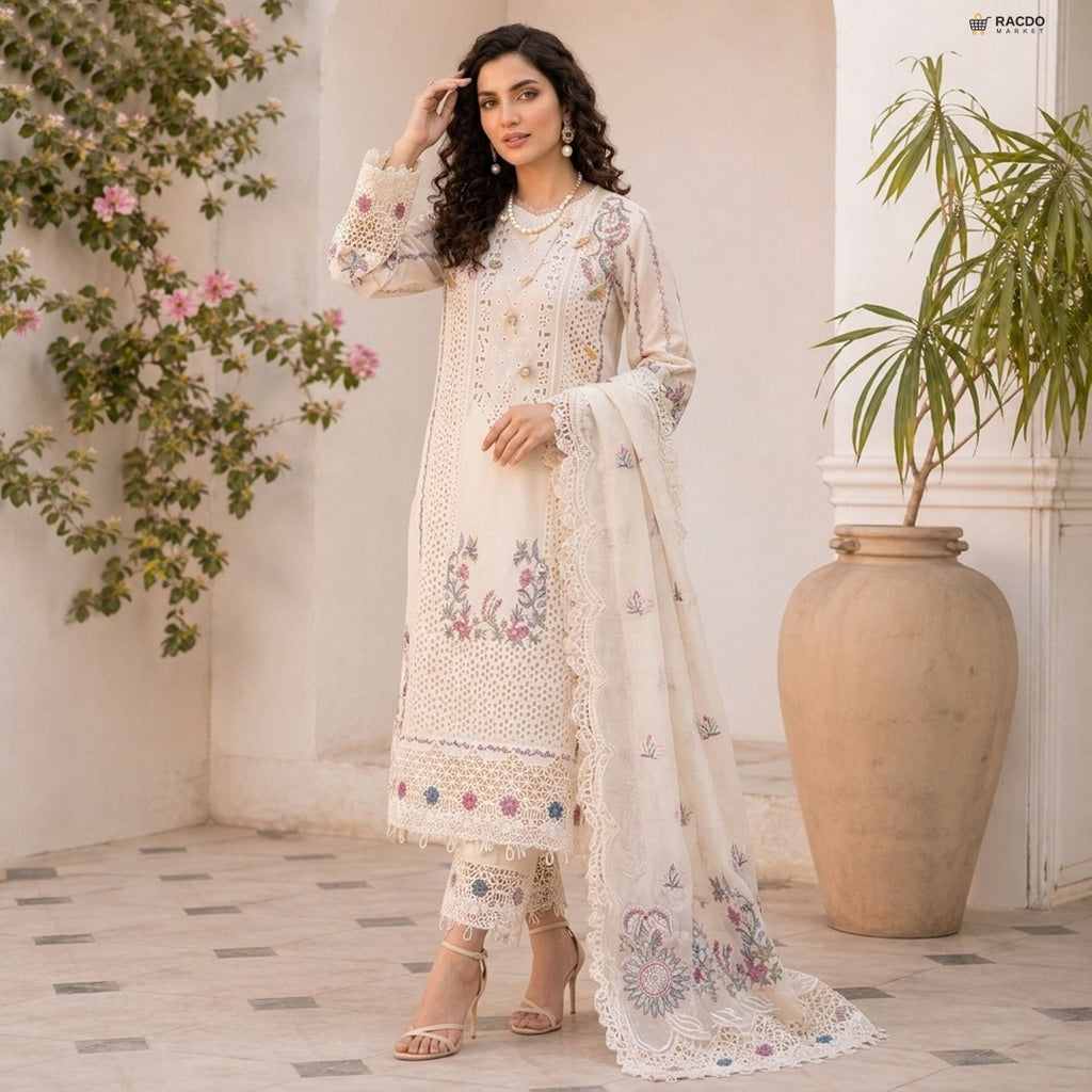 White 3PC Lawn Embroidered Shirt with Organza Cutwork Dupatta & Trouser