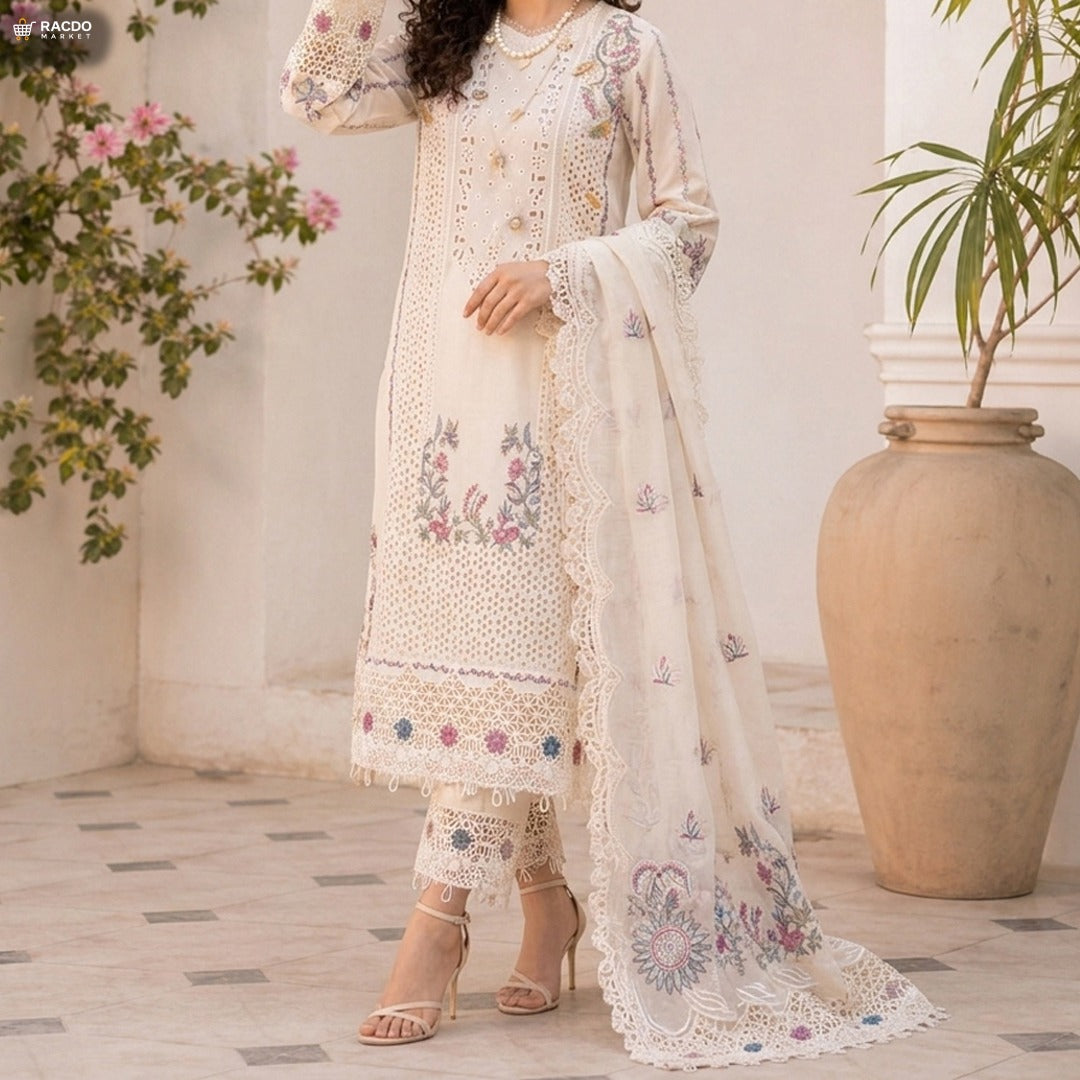 White 3PC Lawn Embroidered Shirt with Organza Cutwork Dupatta & Trouser