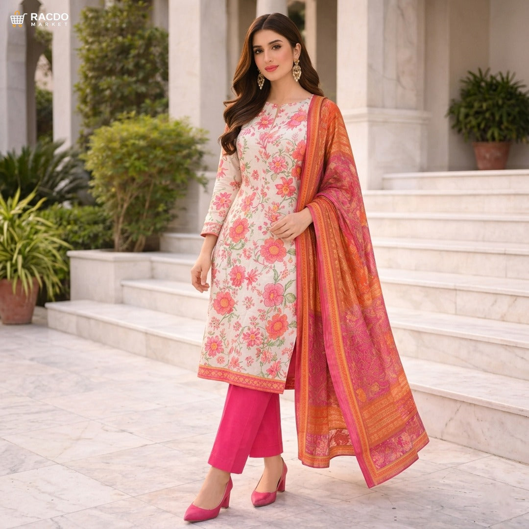 Unstitched Vibrant Floral & Orange Printed Lawn Suit Set | racdo.pk