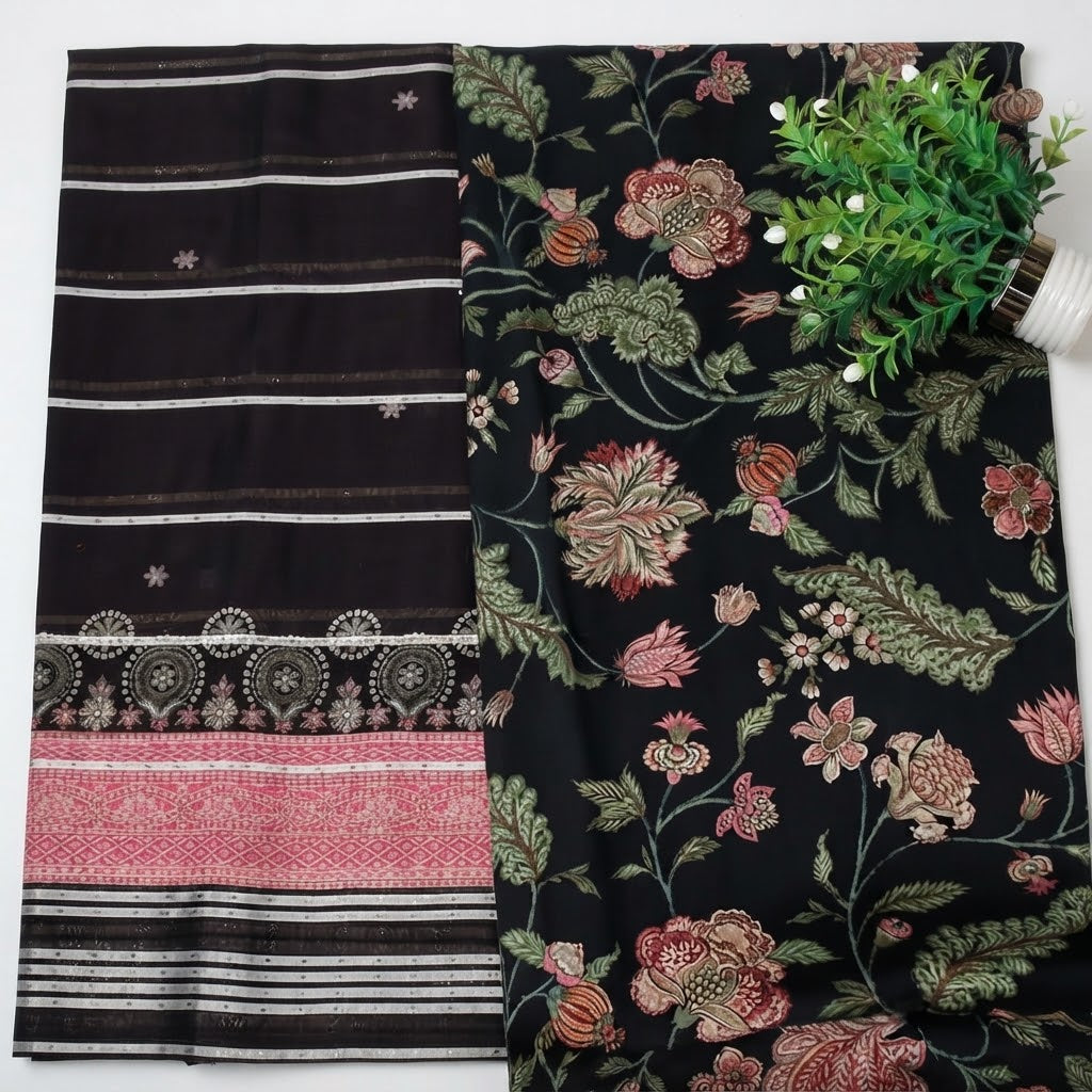 Unstitched Black Floral Printed Lawn Suit Set | racdo.pk