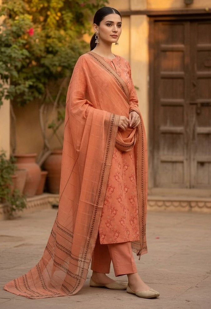 Unstitched Peach Embroidered & Printed Lawn Suit with Dupatta – racdo.pk