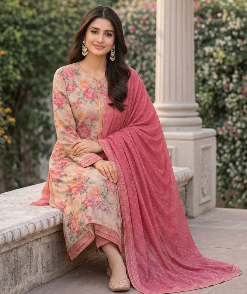 Unstitched Elegant Floral Peach & Pink 3-Piece Suit – racdo.pk