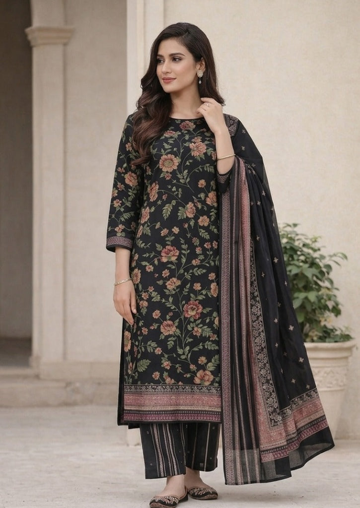 Unstitched Black Floral Printed Lawn Suit Set | racdo.pk