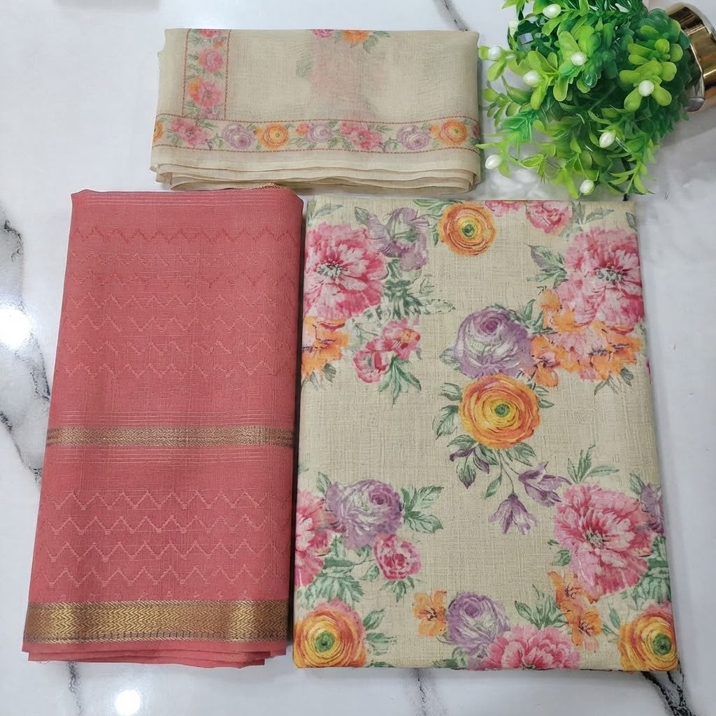 Unstitched Elegant Floral Peach & Pink 3-Piece Suit – racdo.pk