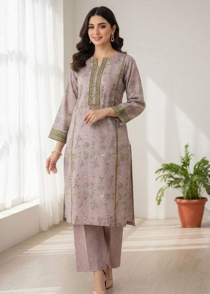 Unstitched Mauve & Green Floral Printed Lawn Suit Set | racdo.pk