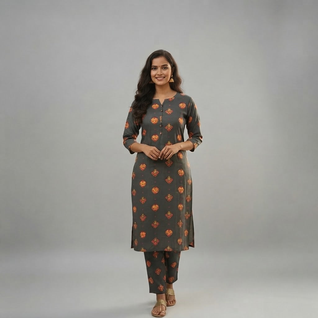 چارکول گرے لیلن پرنٹڈ 2PC ان اسٹچڈ - پریمیم فیبرک سوٹ | ریکڈو مارکیٹ