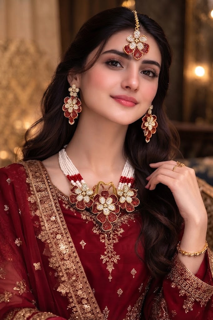 Elegant Maroon and Gold Floral Bridal Jewelry Set with Matching Maang Tikka